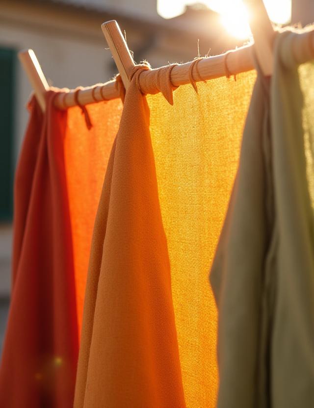 Tessuti naturali tinti a mano appesi ad asciugare al sole di Roma