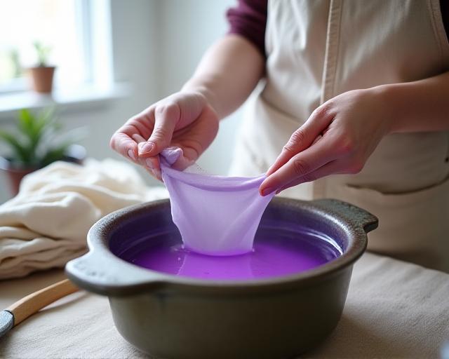 Mani che immergono un tessuto bianco in un bagno di colore naturale viola