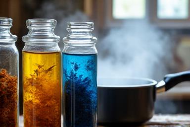 Pentole di tintura con radici